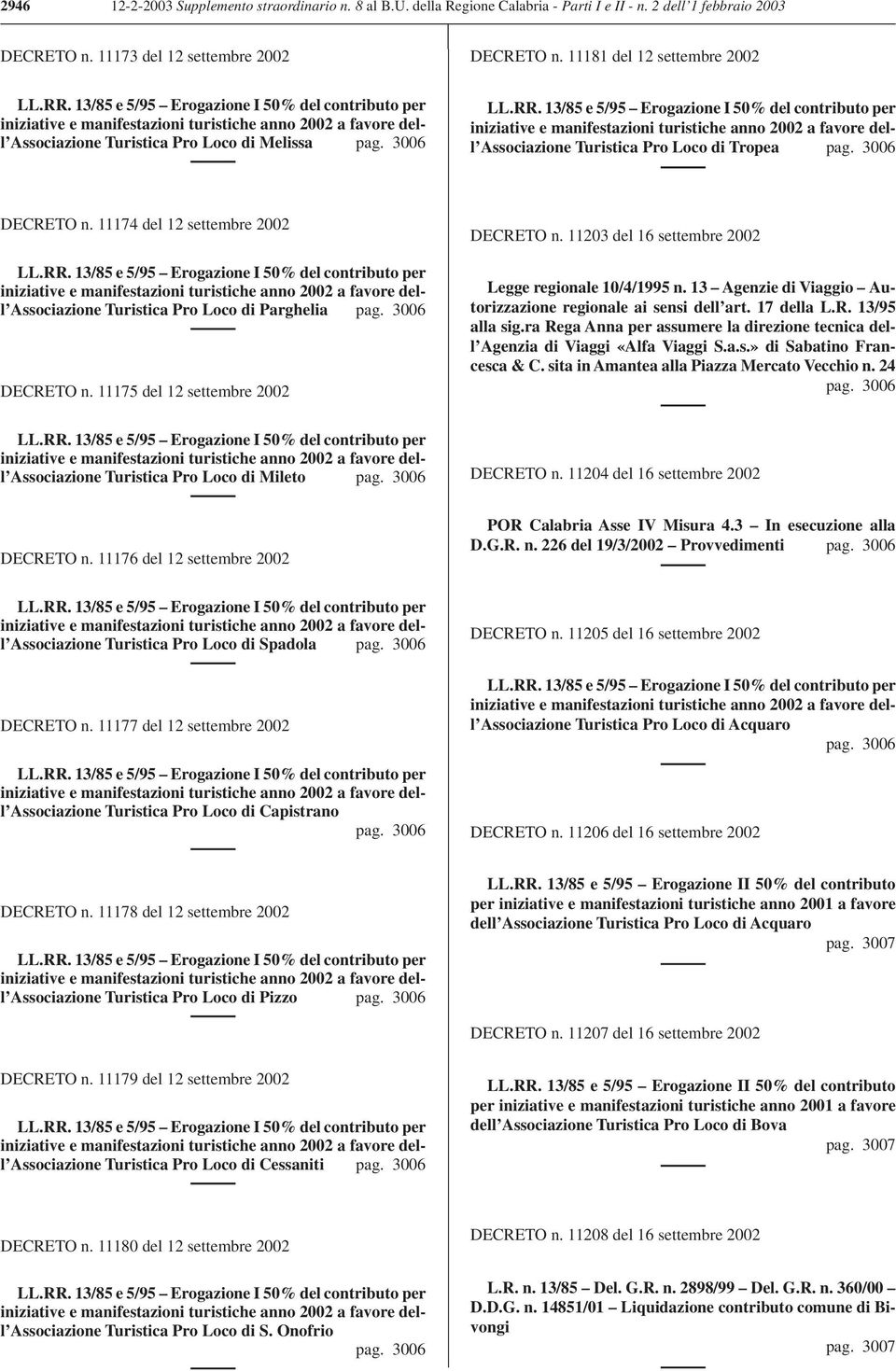 13/85 e 5/95 Erogazione I 50% del contributo per iniziative e manifestazioni turistiche anno 2002 a favore dell Associazione Turistica Pro Loco di Tropea pag. 3006 DECRETO n.