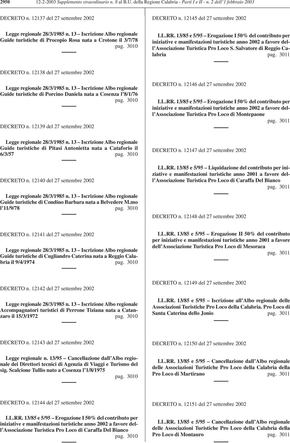 13/85 e 5/95 Erogazione I 50% del contributo per iniziative e manifestazioni turistiche anno 2002 a favore dell Associazione Turistica Pro Loco S. Salvatore di Reggio Calabria pag. 3011 DECRETO n.