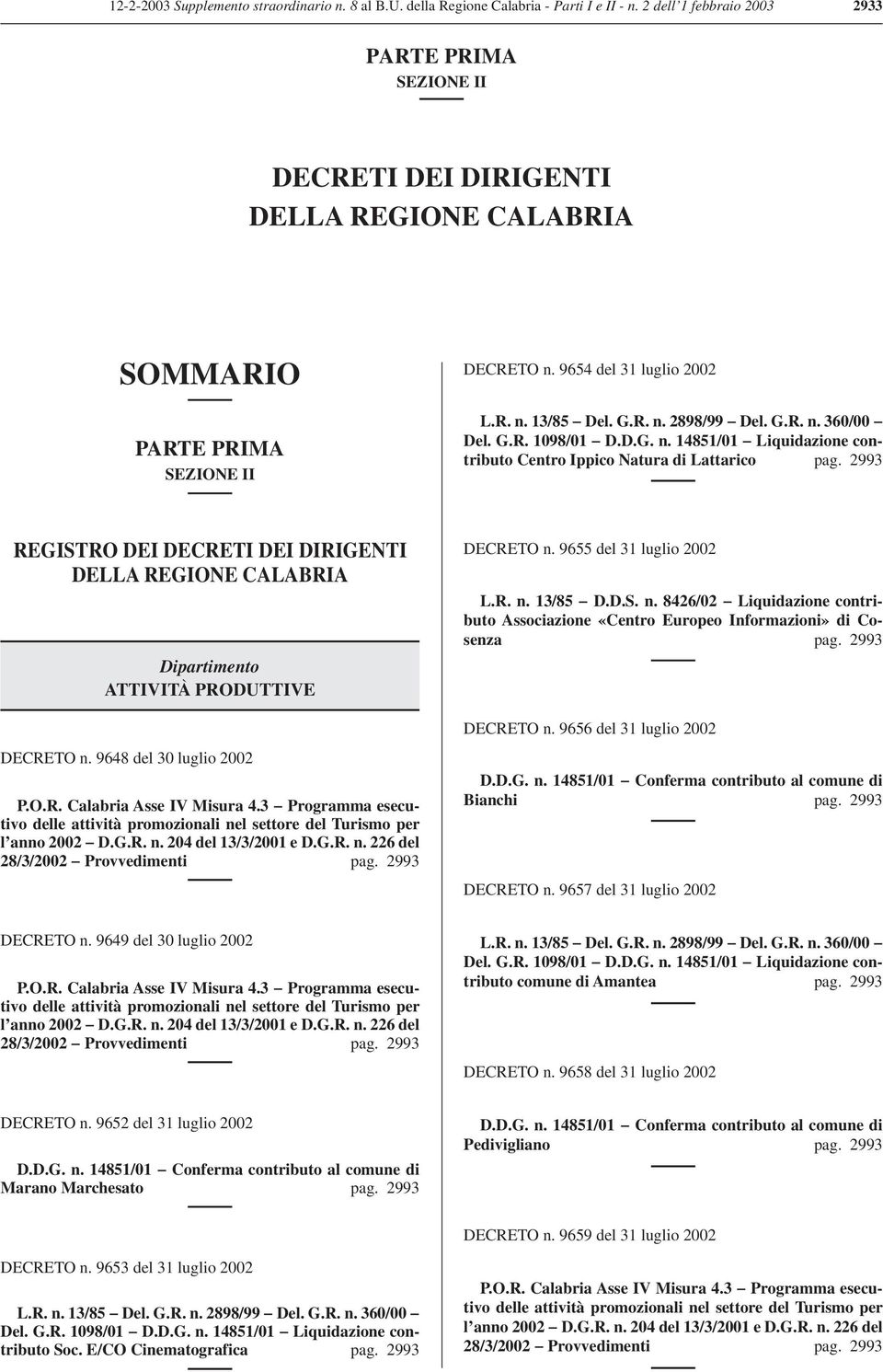 G.R. n. 360/00 Del. G.R. 1098/01 D.D.G. n. 14851/01 Liquidazione contributo Centro Ippico Natura di Lattarico pag.