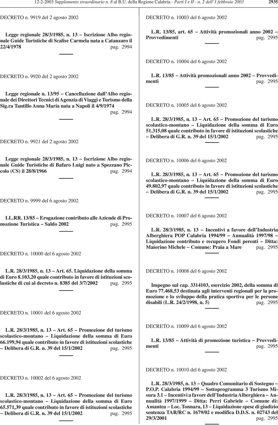 65 Attività promozionali anno 2002 Provvedimenti pag. 2995 DECRETO n. 10004 del 6 agosto 2002 DECRETO n. 9920 del 2 agosto 2002 Legge regionale n.