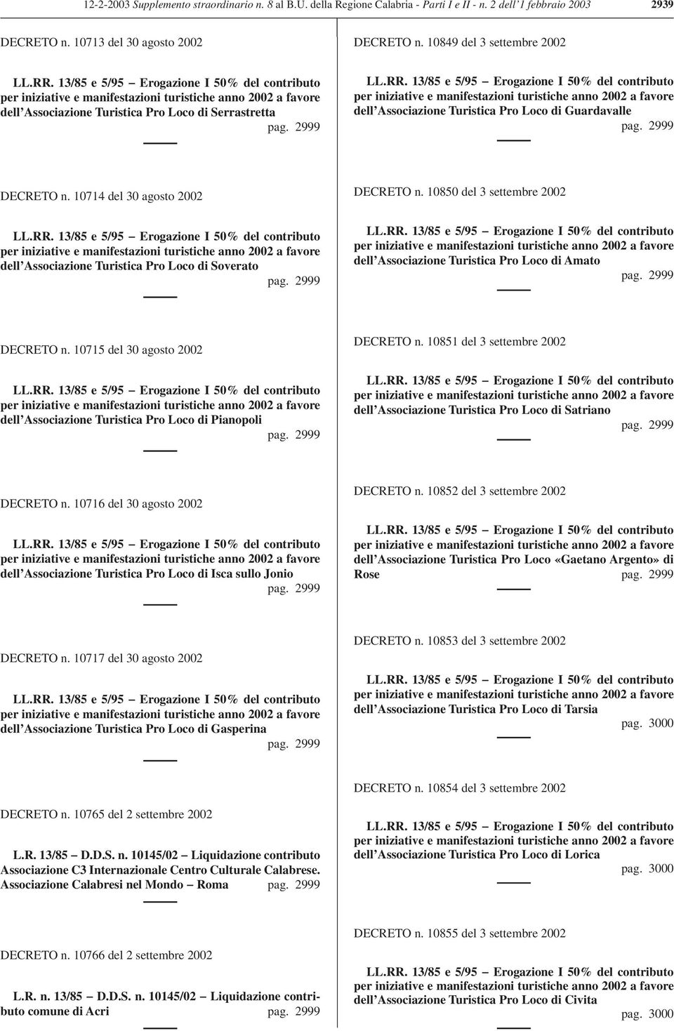 10714 del 30 agosto 2002 dell Associazione Turistica Pro Loco di Soverato pag. 2999 DECRETO n. 10850 del 3 settembre 2002 dell Associazione Turistica Pro Loco di Amato pag. 2999 DECRETO n. 10715 del 30 agosto 2002 dell Associazione Turistica Pro Loco di Pianopoli pag.