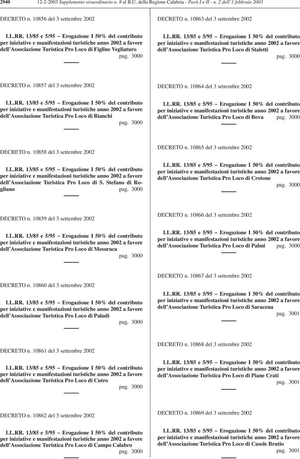 10857 del 3 settembre 2002 DECRETO n. 10864 del 3 settembre 2002 dell Associazione Turistica Pro Loco di Bianchi pag. 3000 dell Associazione Turistica Pro Loco di Bova pag. 3000 DECRETO n.