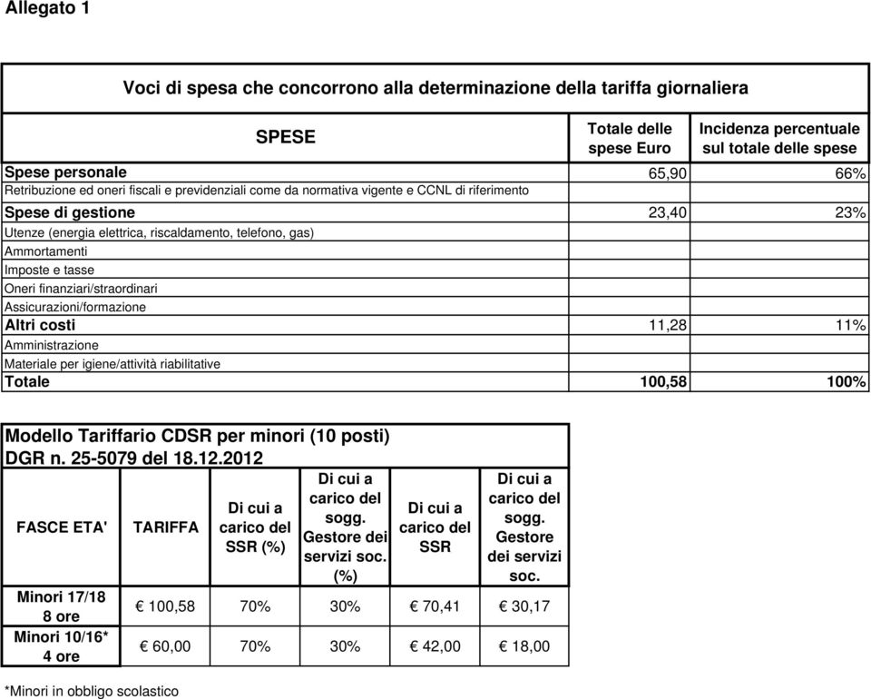 Materiale per igiene/attività riabilitative Totale Totale delle spese Euro Incidenza percentuale sul totale delle spese 65,90 66% 23,40 23% 11,28 11% 100,58 100% Modello Tariffario CDSR per minori