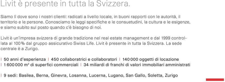 Livit è un impresa svizzera di grande tradizione nel real estate management e dal 1999 controllata al 100 % dal gruppo assicurativo Swiss Life. Livit è presente in tutta la Svizzera.