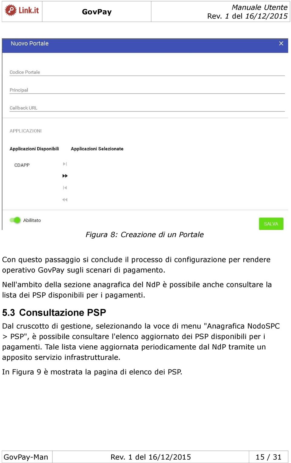 3 Consultazione PSP Dal cruscotto di gestione, selezionando la voce di menu "Anagrafica NodoSPC > PSP", è possibile consultare l'elenco aggiornato dei PSP