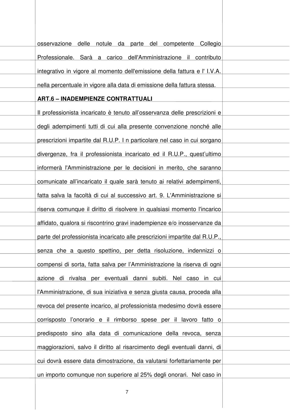 6 INADEMPIENZE CONTRATTUALI Il professionista incaricato è tenuto all osservanza delle prescrizioni e degli adempimenti tutti di cui alla presente convenzione nonché alle prescrizioni impartite dal R.