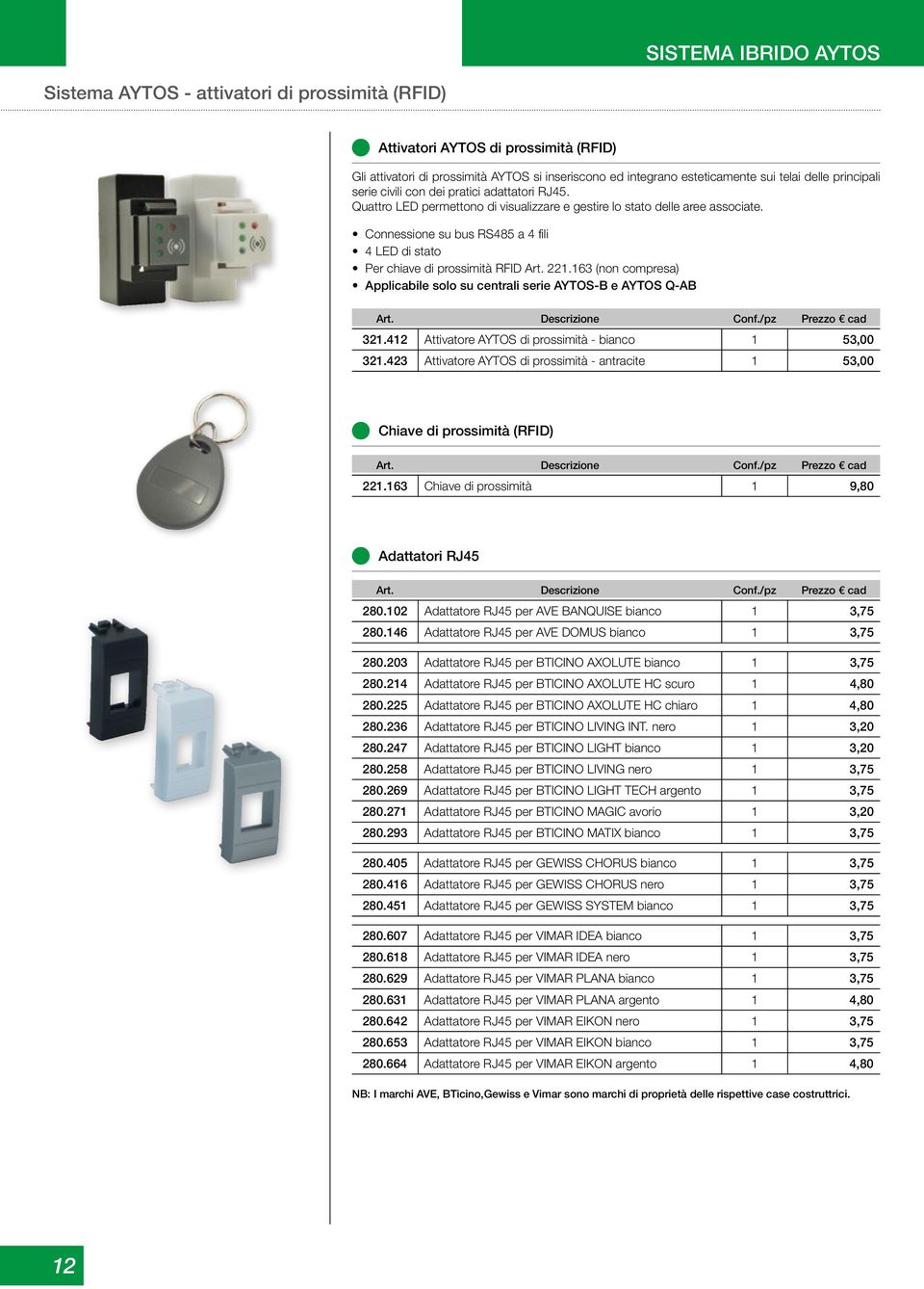 Connessione su bus RS485 a 4 fili 4 LED di stato Per chiave di prossimità RFID Art. 221.163 (non compresa) Applicabile solo su centrali serie AYTOS-B e AYTOS Q-AB 321.