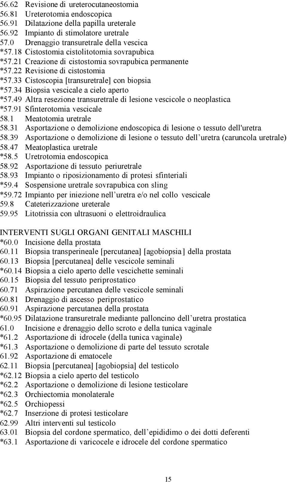 34 Biopsia vescicale a cielo aperto *57.49 Altra resezione transuretrale di lesione vescicole o neoplastica *57.91 Sfinterotomia vescicale 58.1 Meatotomia uretrale 58.