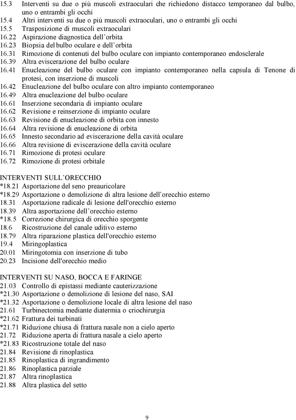 23 Biopsia del bulbo oculare e dell orbita 16.31 Rimozione di contenuti del bulbo oculare con impianto contemporaneo endosclerale 16.39 Altra eviscerazione del bulbo oculare 16.