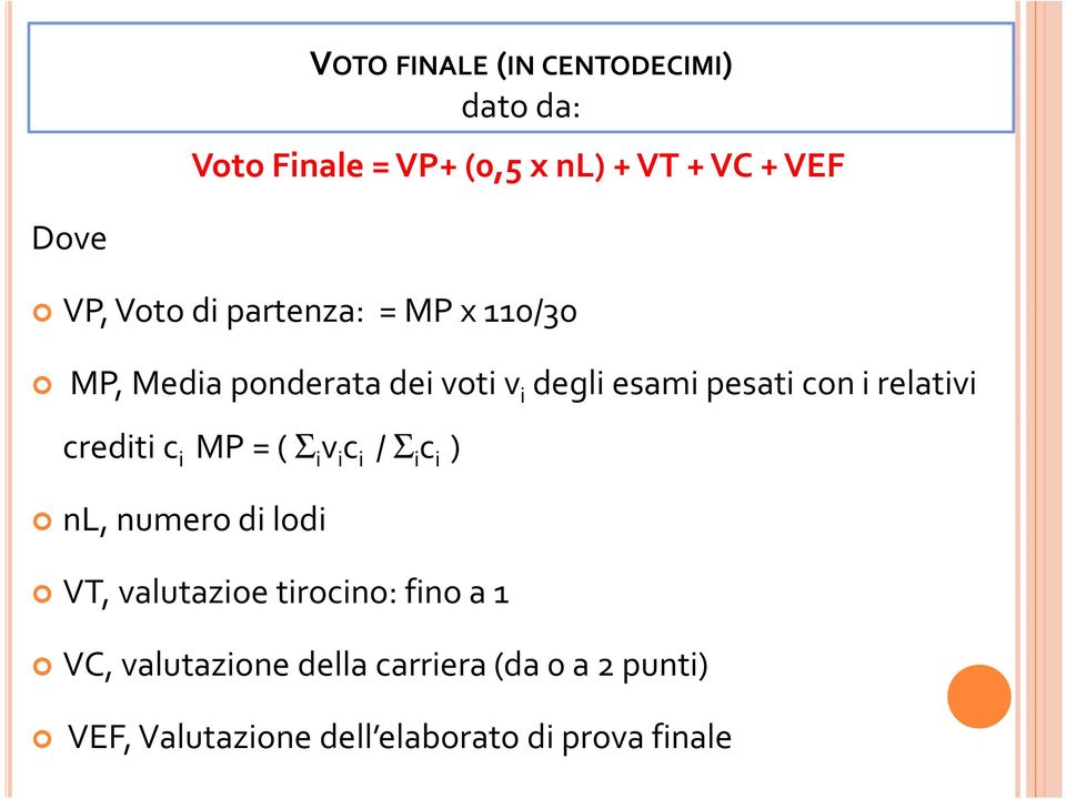 relativi crediti c i MP = ( Σ i v i c i / Σ i c i ) nl, numerodi lodi VT, valutazioetirocino: