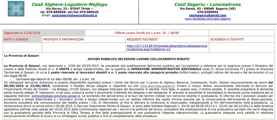 1034 del 20/05/2015, ha proceduto alla pubblicazione dell'avviso pubblico per l'avviamento a selezione per la copertura presso il Ministero del Lavoro e delle Politiche Sociali di n.