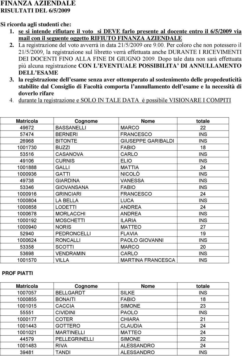 La registrazione del voto avverrà in data 21/5/2009