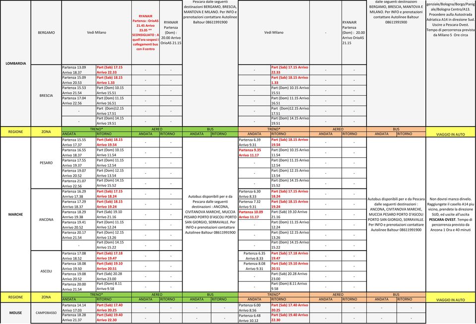 Per INFO e prenotazioni contattare Autolinee Baltour 08611991900 Vedi Milano Partenza (Dom) : 20.00 Arrivo OrioAS 21.15 dalle seguenti destinazioni BERGAMO, BRESCIA, MANTOVA E MILANO.