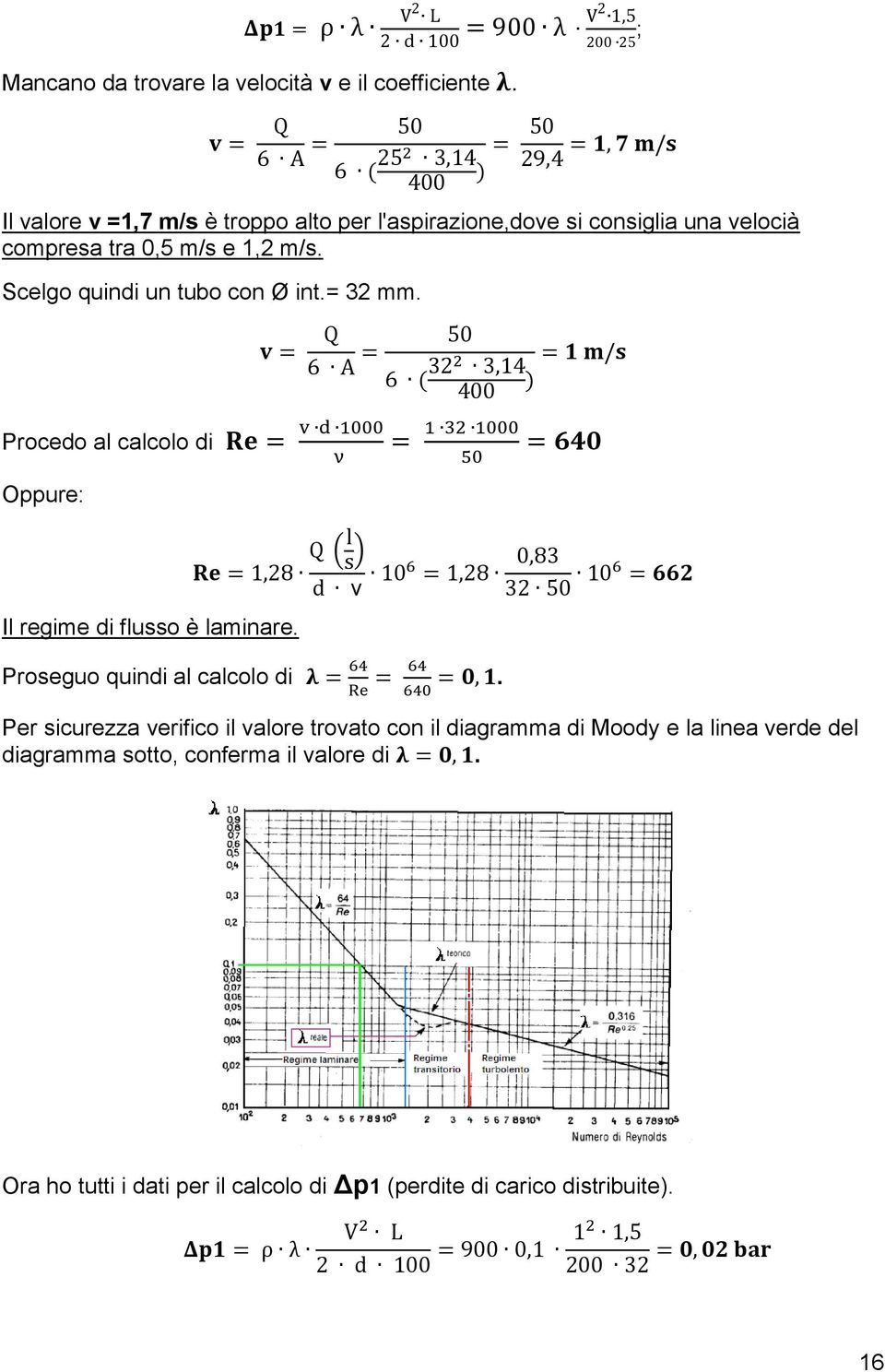 Scelgo quindi un tubo con Ø int.= 32 mm. Procedo al calcolo di Oppure: Il regime di flusso è laminare.