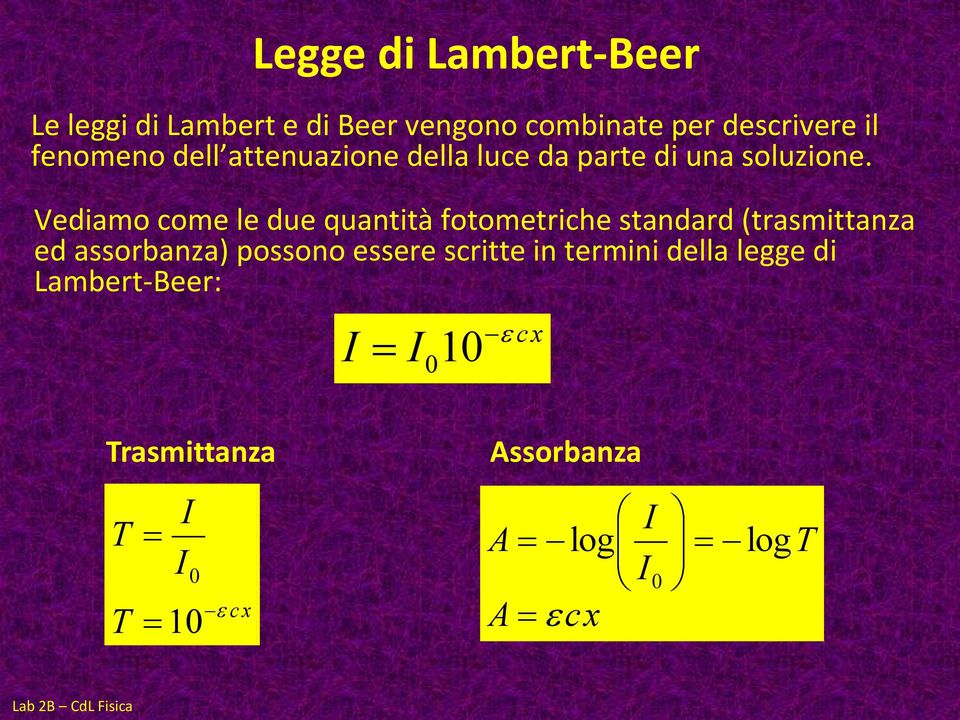 Vediamo come le due quantità fotometriche standard (trasmittanza ed assorbanza) possono