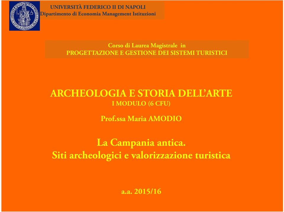 SISTEMI TURISTICI ARCHEOLOGIA E STORIA DELL ARTE I MODULO (6 CFU) Prof.
