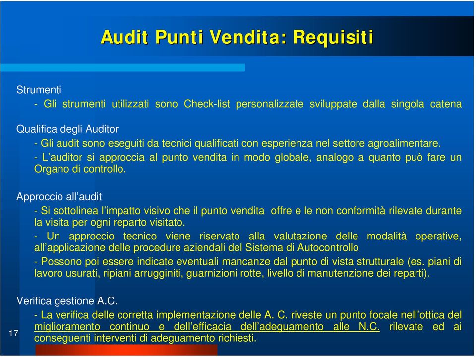 Approccio all audit - Si sottolinea l impatto visivo che il punto vendita offre e le non conformità rilevate durante la visita per ogni reparto visitato.