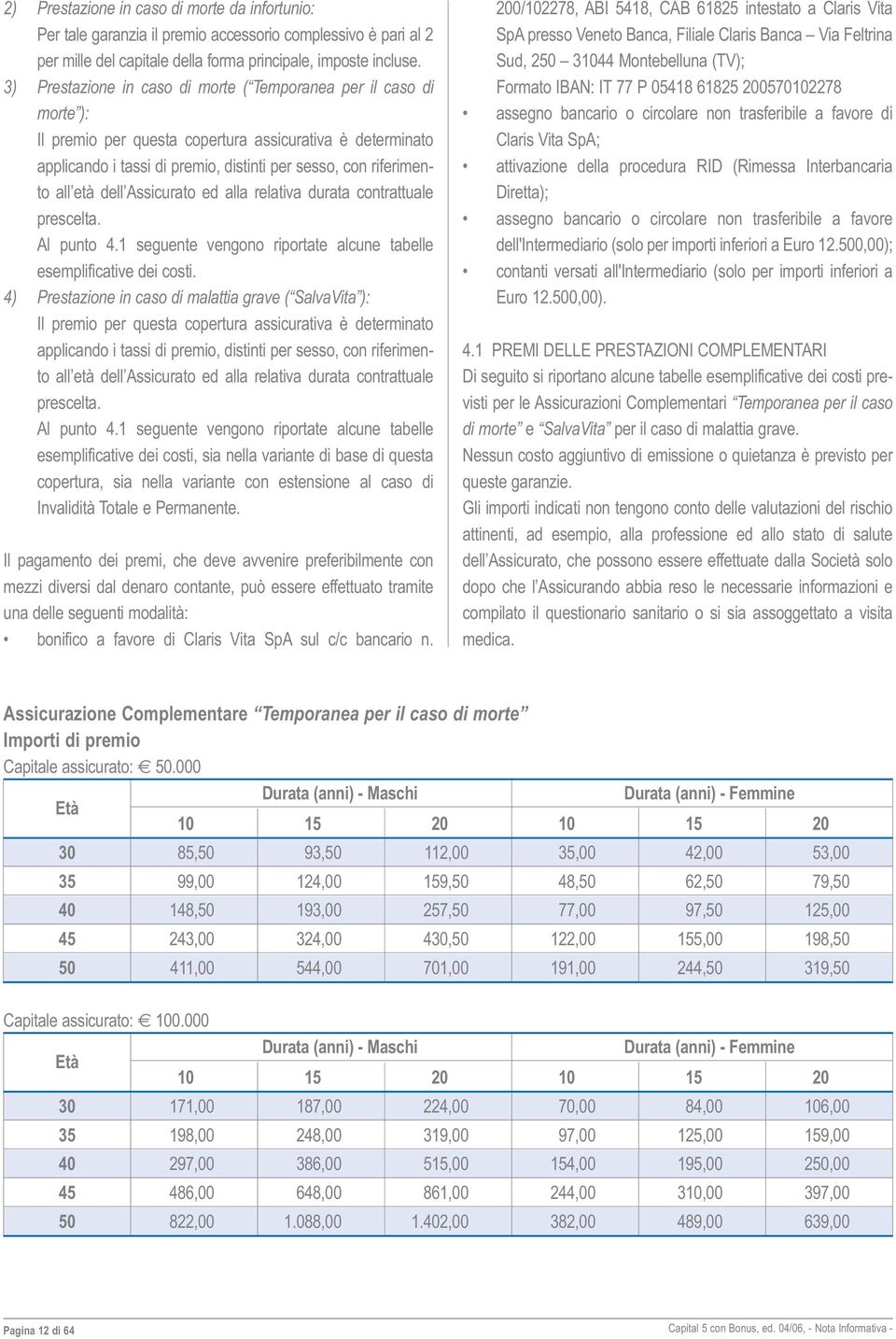 età dell Assicurato ed alla relativa durata contrattuale prescelta. Al punto 4.1 seguente vengono riportate alcune tabelle esemplificative dei costi.