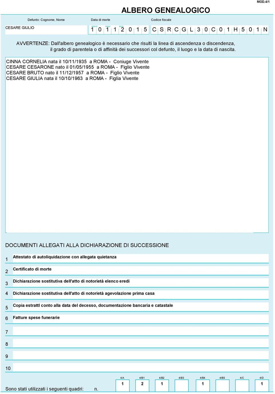 discendenza, il grado di parentela o di affinità dei successori col defunto, il luogo e la data di nascita.