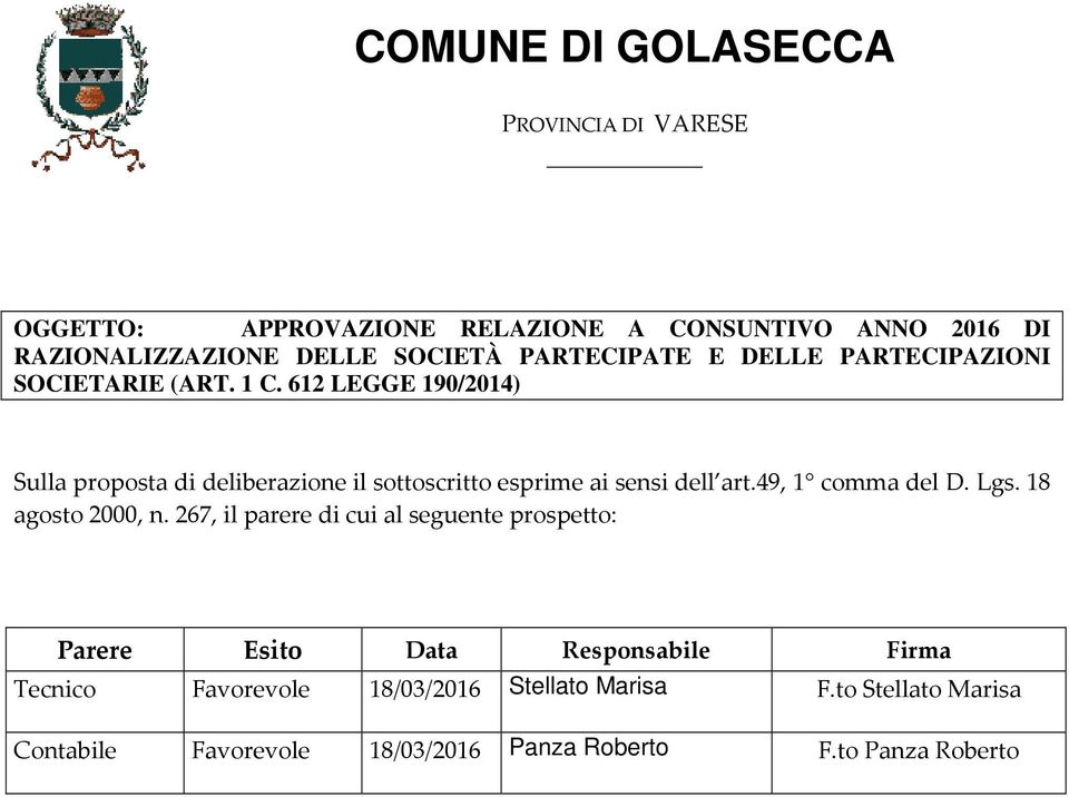 612 LEGGE 190/2014) Sulla proposta di deliberazione il sottoscritto esprime ai sensi dell art.49, 1 comma del D. Lgs.