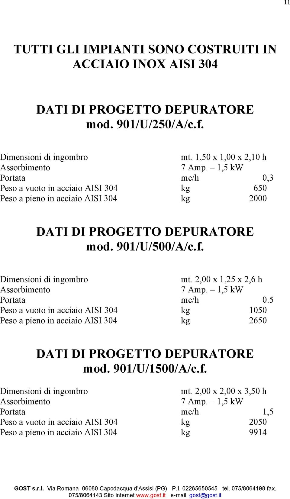 2,00 x 1,25 x 2,6 h Assorbimento 7 Amp. 1,5 kw Portata mc/h 0.5 Peso a vuoto in acciaio AISI 304 kg 1050 Peso a pieno in acciaio AISI 304 kg 2650 DATI DI PROGETTO DEPURATORE mod.