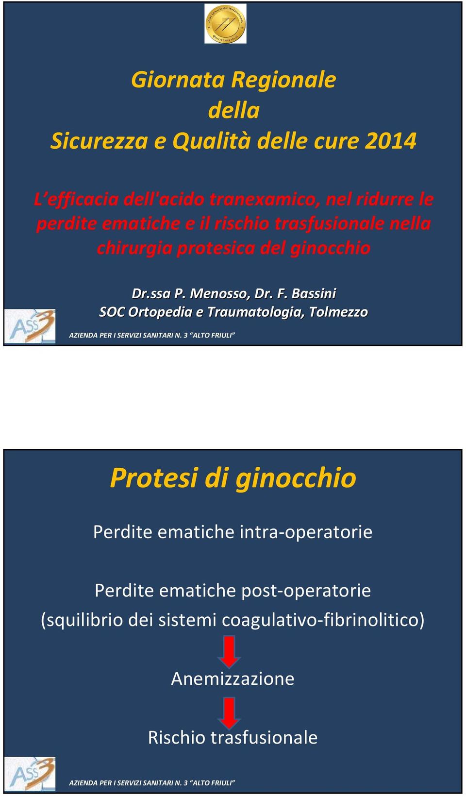 F. Bassini SOC Ortopedia e Traumatologia, Tolmezzo Protesi di ginocchio Perdite ematiche intra-operatorie
