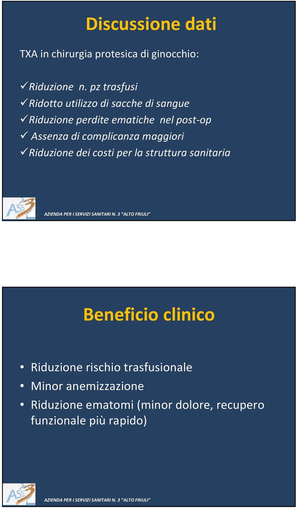 Assenza di complicanza maggiori Riduzione dei costi per la struttura sanitaria Beneficio