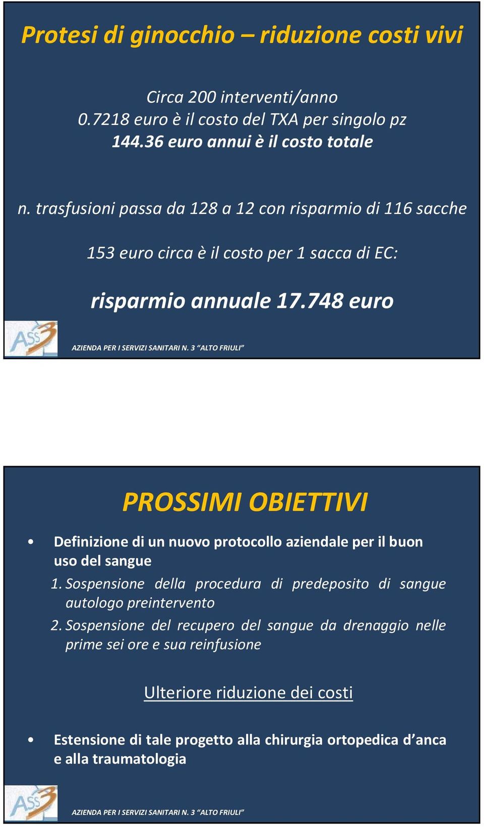 748 euro PROSSIMI OBIETTIVI Definizione di un nuovo protocollo aziendale per il buon uso del sangue 1.