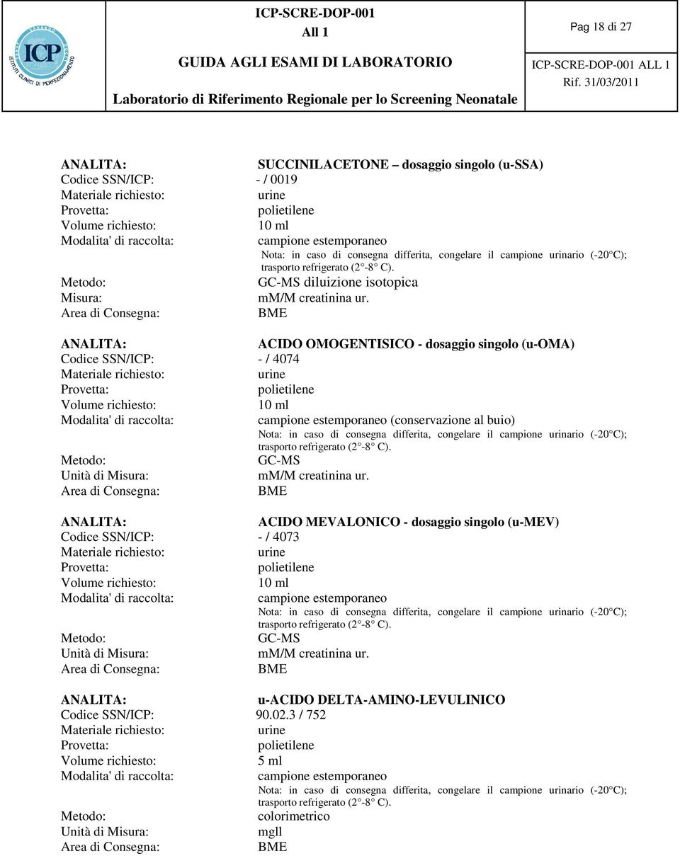 ACIDO OMOGENTISICO - dosaggio singolo (u-oma) Codice SSN/ICP: - / 4074 10 ml Modalita' di raccolta: campione estemporaneo (conservazione al buio) Nota: in caso di consegna differita, congelare il