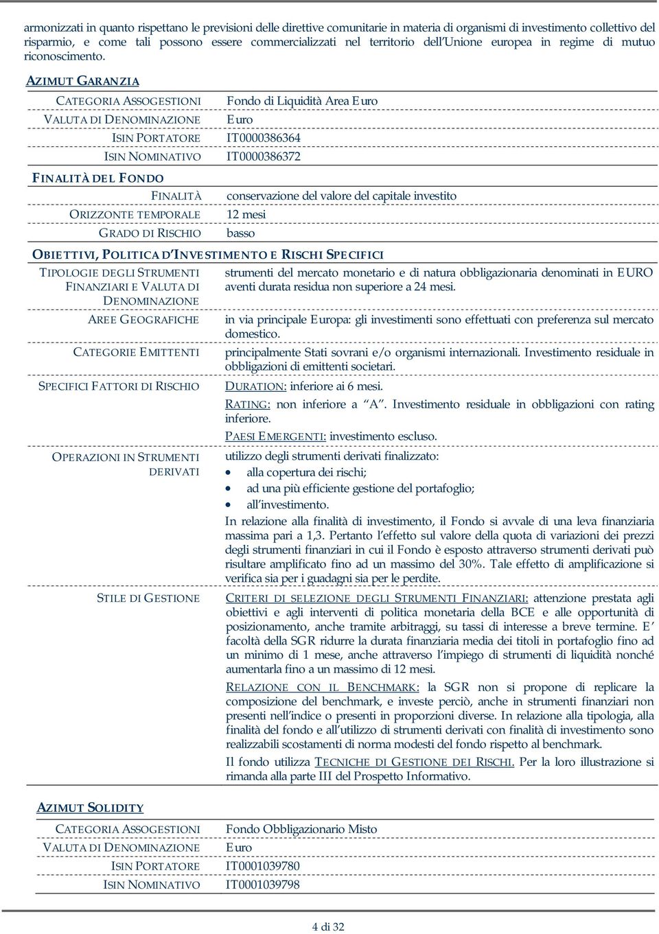 AZIMUT GARANZIA CATEGORIA ASSOGESTIONI VALUTA DI DENOMINAZIONE ISIN PORTATORE ISIN NOMINATIVO FINALITÀ DEL FONDO FINALITÀ ORIZZONTE TEMPORALE GRADO DI RISCHIO Fondo di Liquidità Area Euro Euro