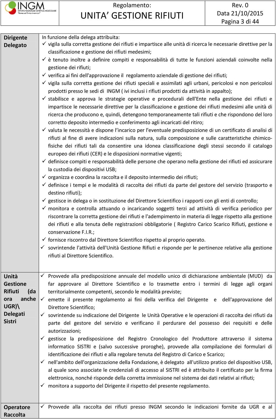 regolamento aziendale di gestione dei rifiuti; vigila sulla corretta gestione dei rifiuti speciali e assimilati agli urbani, pericolosi e non pericolosi prodotti presso le sedi di INGM ( ivi inclusi