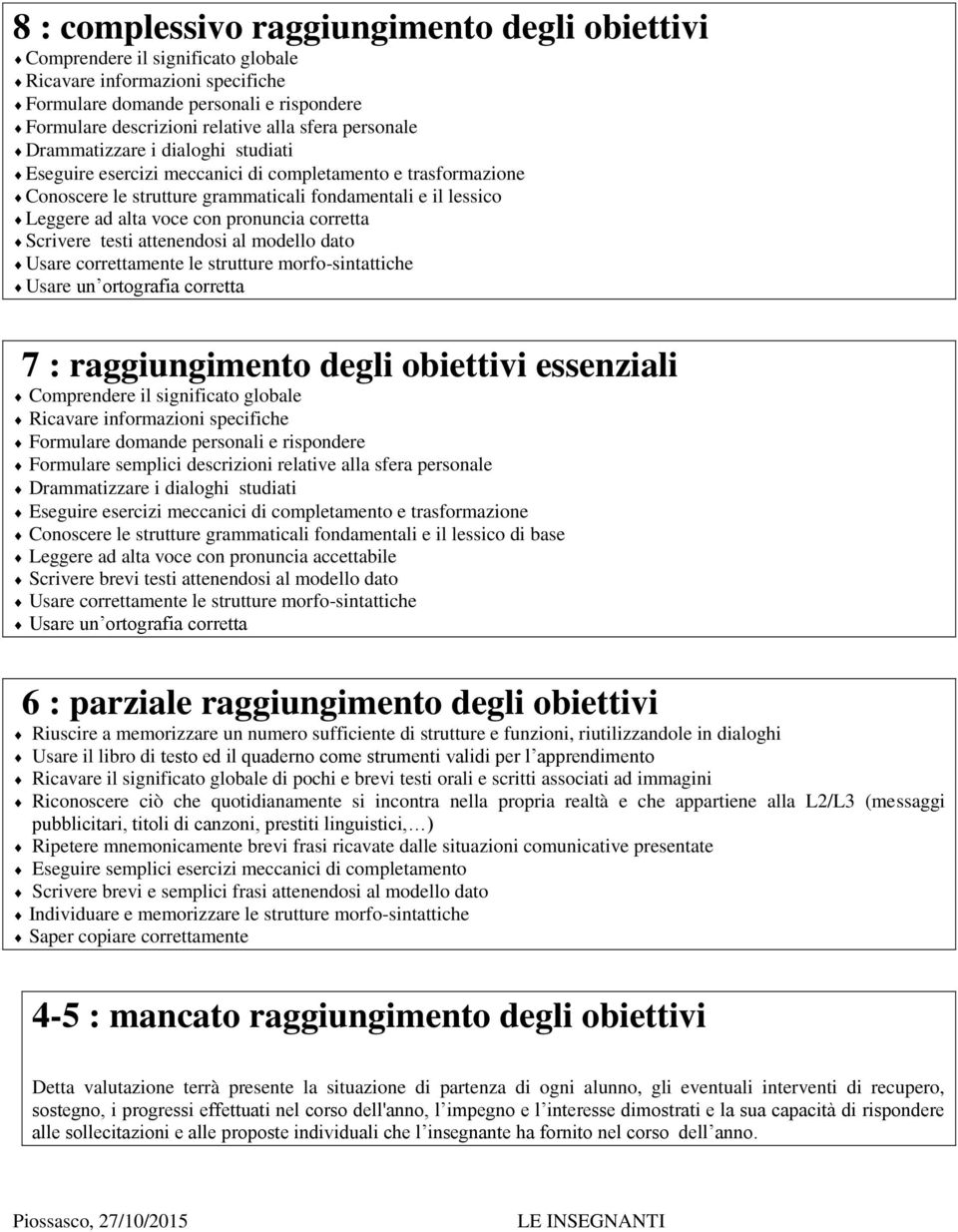 pronuncia corretta Scrivere testi attenendosi al modello dato Usare correttamente le strutture morfo-sintattiche Usare un ortografia corretta 7 : raggiungimento degli obiettivi essenziali Comprendere