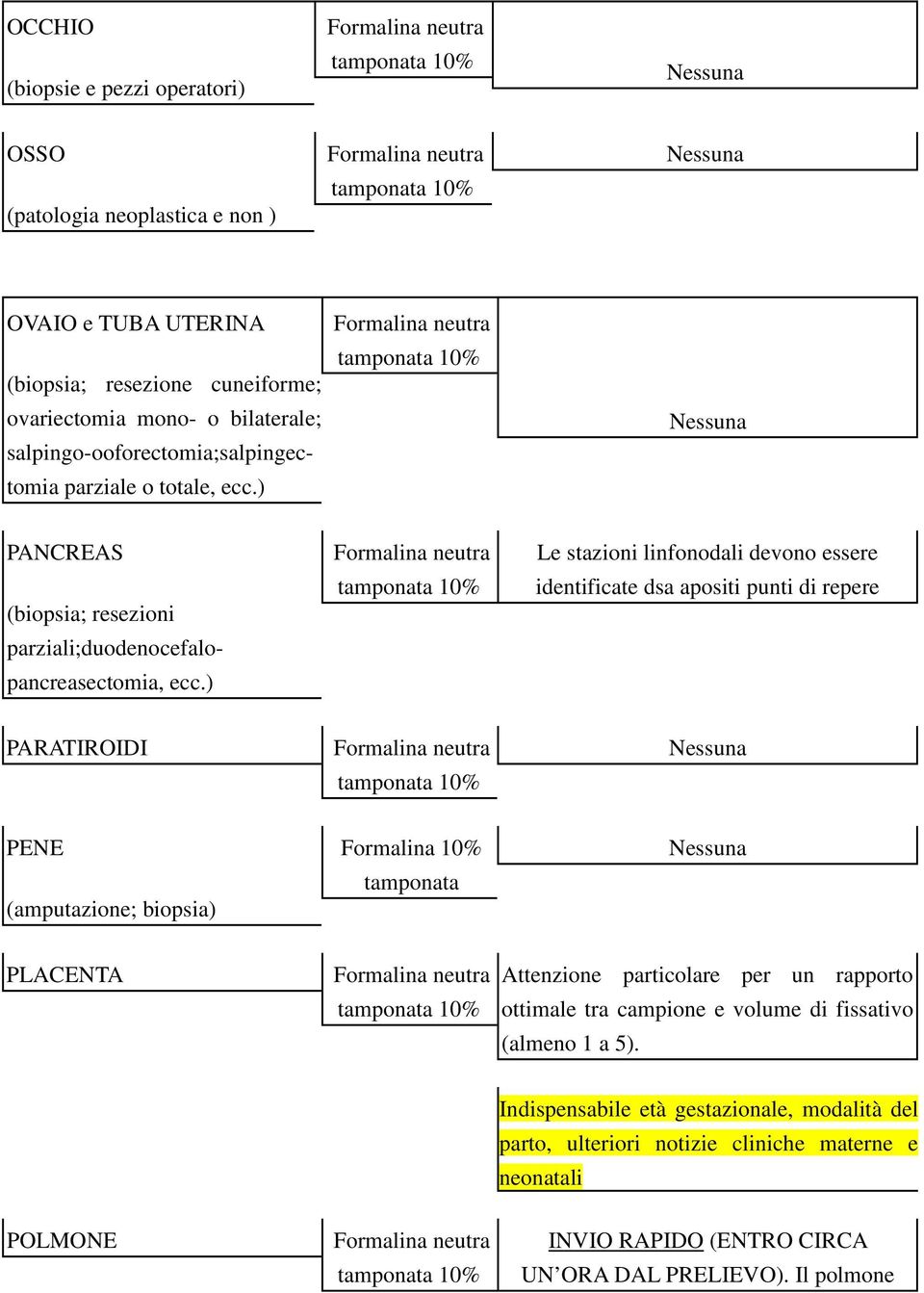 ) Le stazioni linfonodali devono essere identificate dsa apositi punti di repere PARATIROIDI PENE (amputazione; biopsia) Formalina 10% tamponata PLACENTA Attenzione particolare