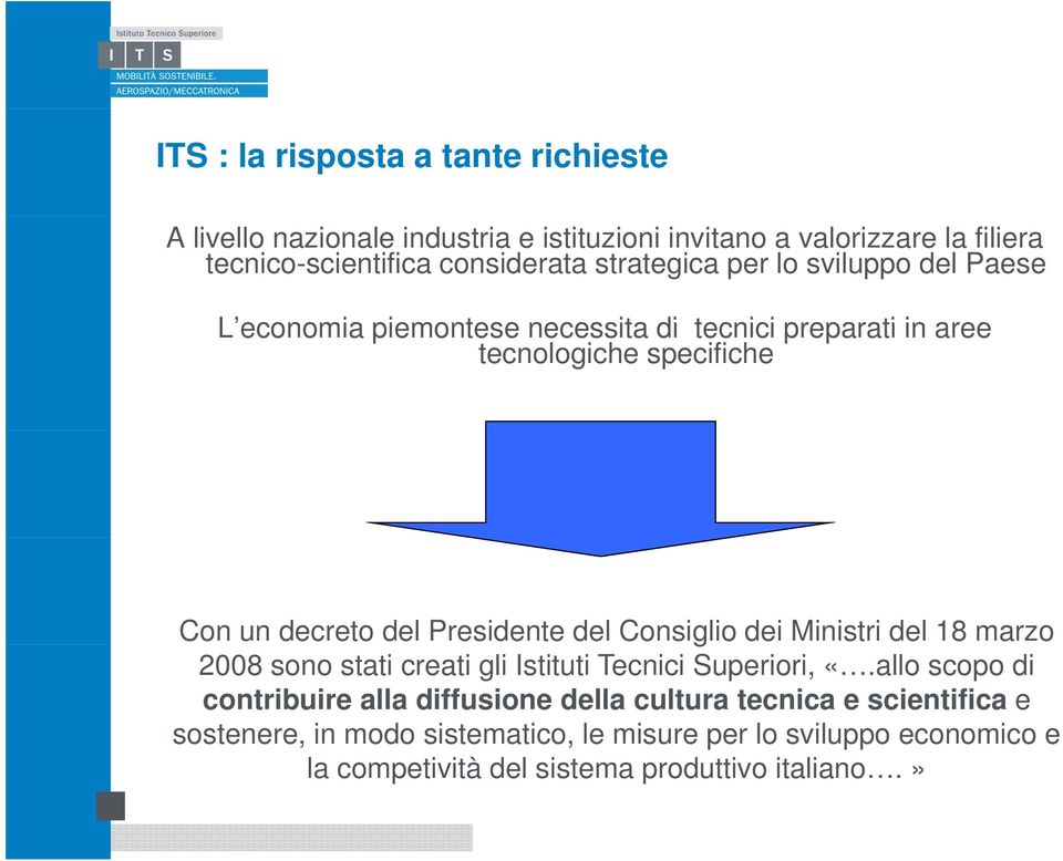 Presidente del Consiglio dei Ministri del 18 marzo g 2008 sono stati creati gli Istituti Tecnici Superiori, «.