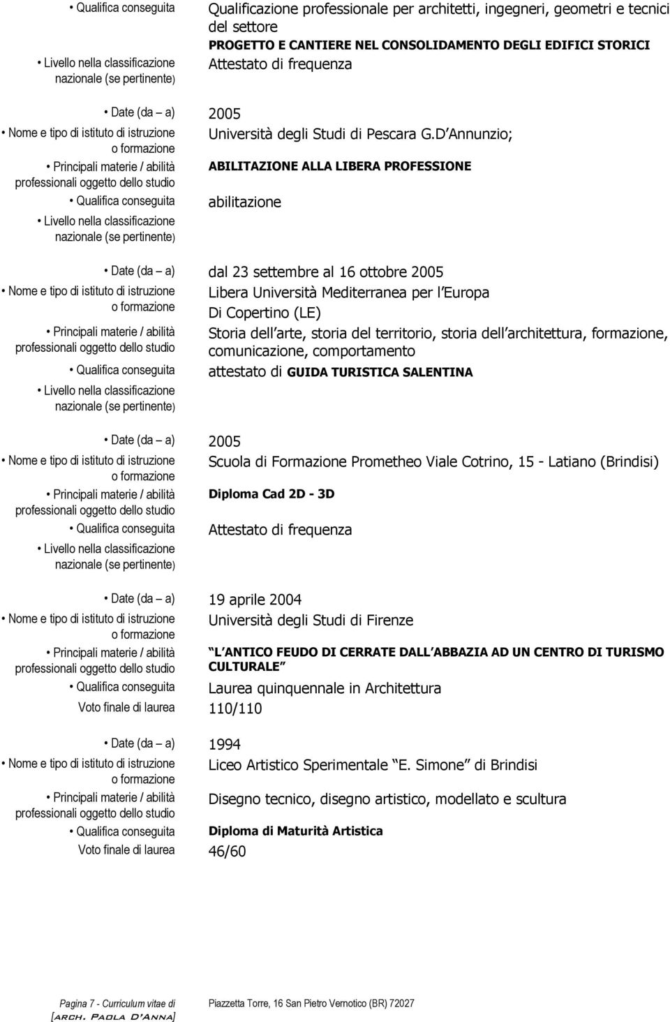 D Annunzi; Principali materie / abilità ABILITAZIONE ALLA LIBERA PROFESSIONE Qualifica cnseguita abilitazine Livell nella classificazine Date (da a) dal 23 settembre al 16 ttbre 2005 Nme e tip di