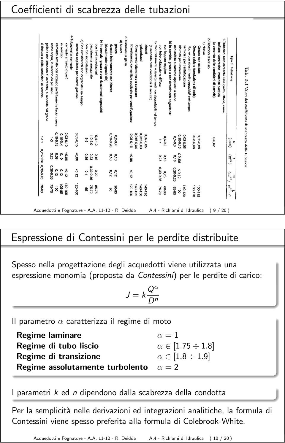 Contessini) per le perdite di carico: J = k Qα Il parametro α caratterizza il regime di moto Regime laminare α = Regime di tubo liscio α [.75.8]