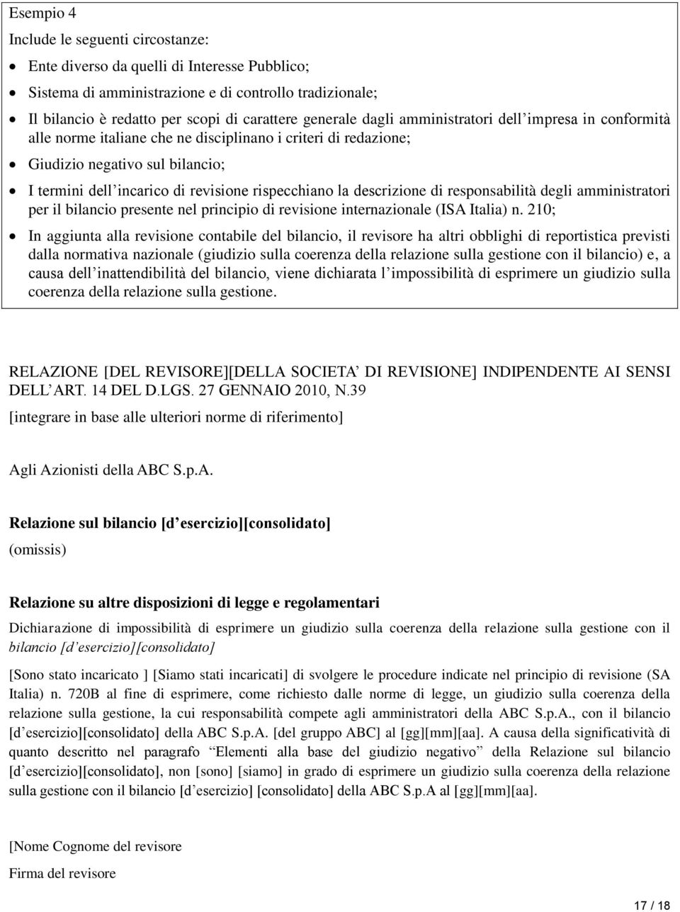 descrizione di responsabilità degli amministratori per il bilancio presente nel principio di revisione internazionale (ISA Italia) n.