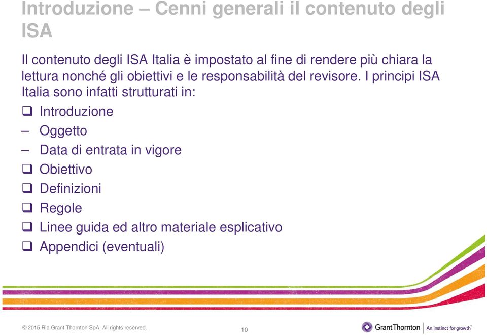 I principi ISA Italia sono infatti strutturati in: Introduzione Oggetto Data di entrata in