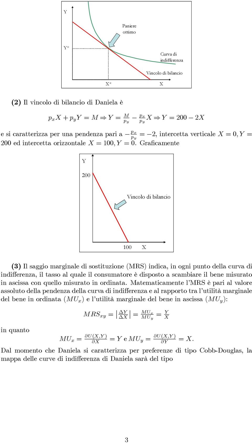 Graficamente 200 Vincolo di bilancio 100 X (3) Il saggio marginale di sostituzione (MRS) indica, in ogni punto della curva di indifferenza, il tasso al quale il consumatore è disposto a scambiare il