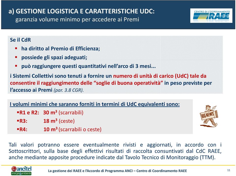 .. i Sistemi Collettivi sono tenuti a fornire un numero di unità di carico (UdC) tale da consentire il raggiungimento delle soglie di buona operatività in peso previste per l accesso ai Premi (par. 3.