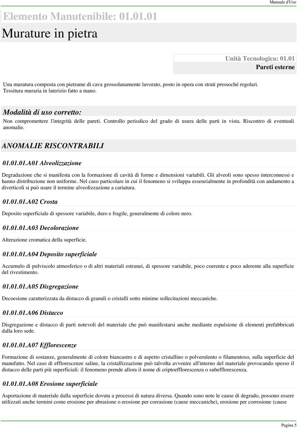 Modalità di uso corretto: Non compromettere l'integrità delle pareti. Controllo periodico del grado di usura delle parti in vista. Riscontro di eventuali anomalie. ANOMALIE RISCONTRABILI 01.