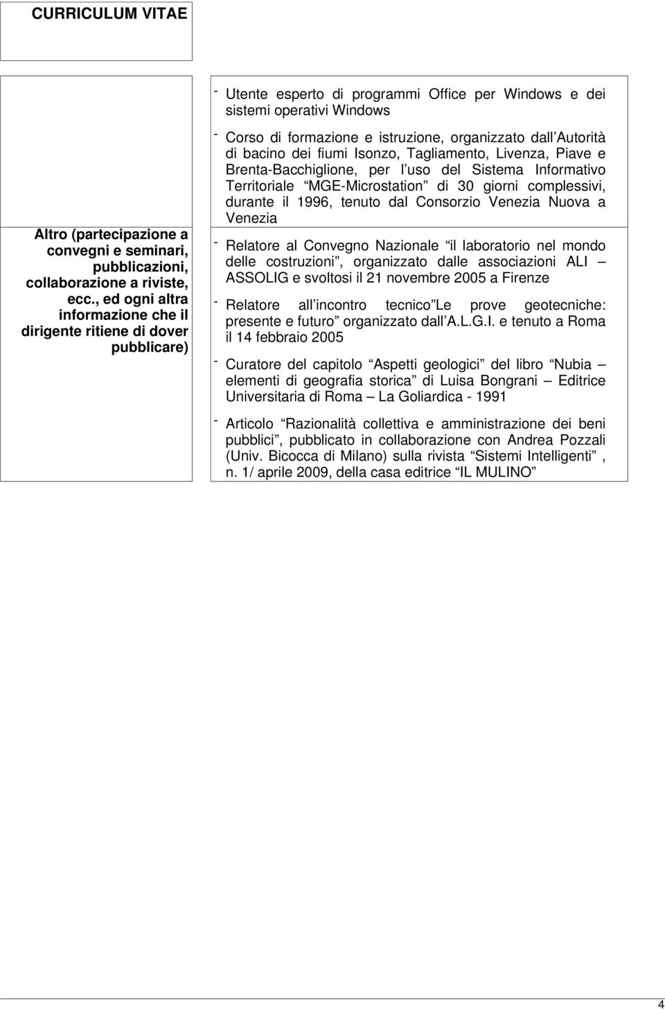 Brenta-Bacchiglione, per l uso del Sistema Informativo Territoriale MGE-Microstation di 30 giorni complessivi, durante il 1996, tenuto dal Consorzio Venezia Nuova a Venezia - Relatore al Convegno