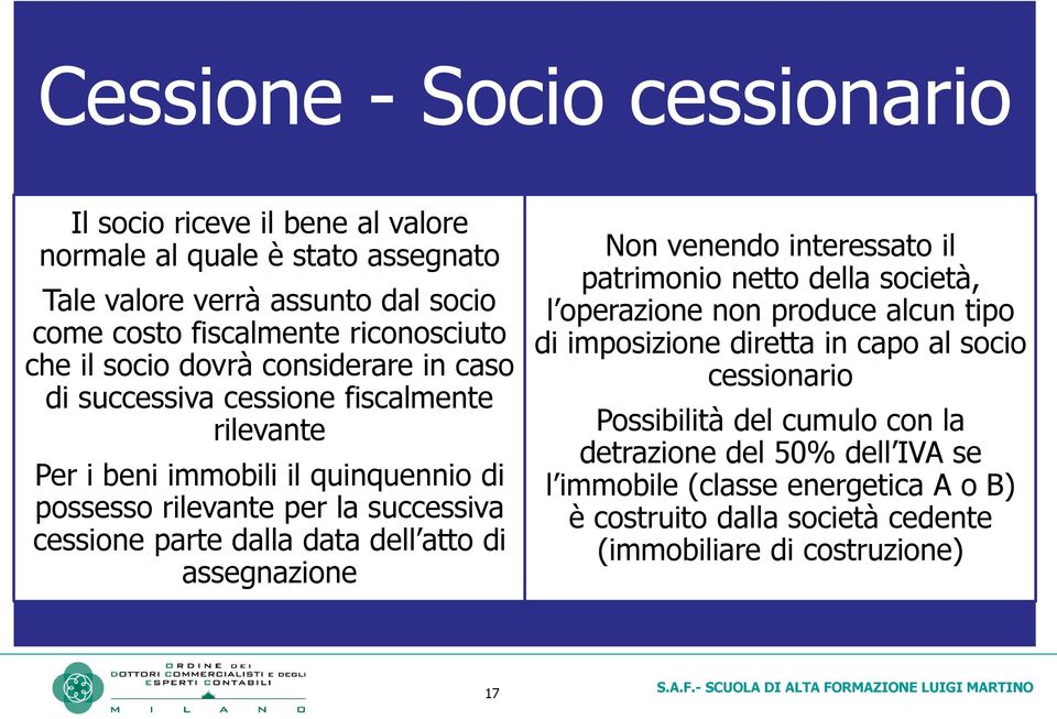 parte dalla data dell atto di assegnazione Non venendo interessato il patrimonio netto della società, l operazione non produce alcun tipo di imposizione diretta in capo al