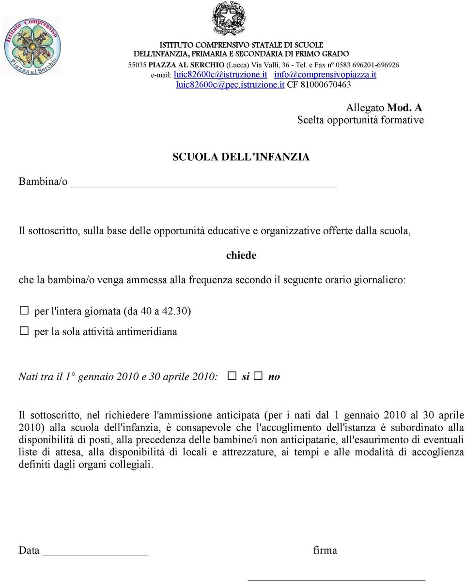 frequenza secondo il seguente orario giornaliero: per l'intera giornata (da 40 a 42.