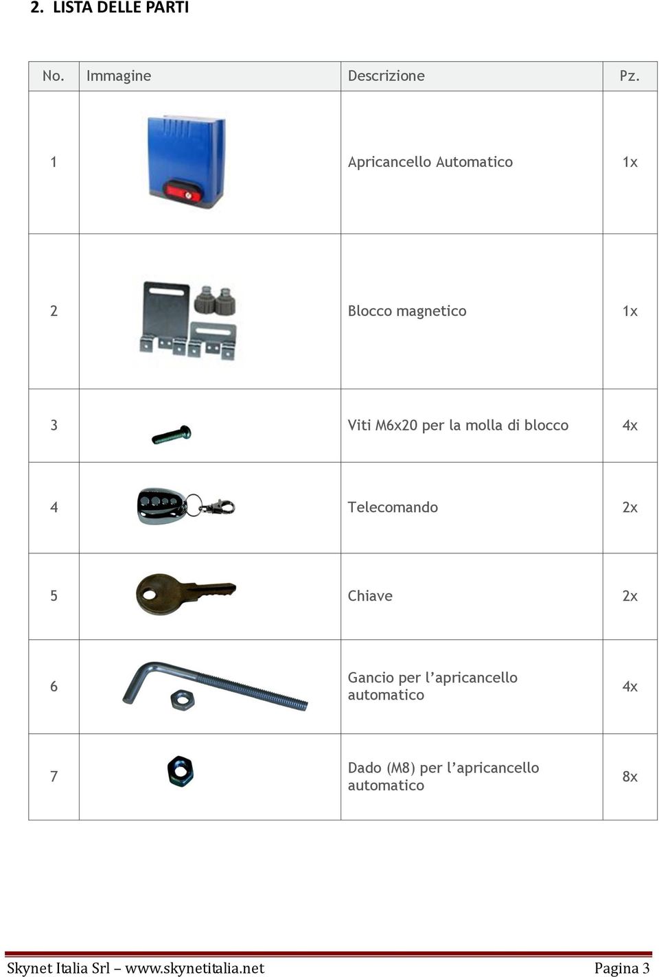 molla di blocco 4x 4 Telecomando 2x 5 Chiave 2x 6 Gancio per l apricancello