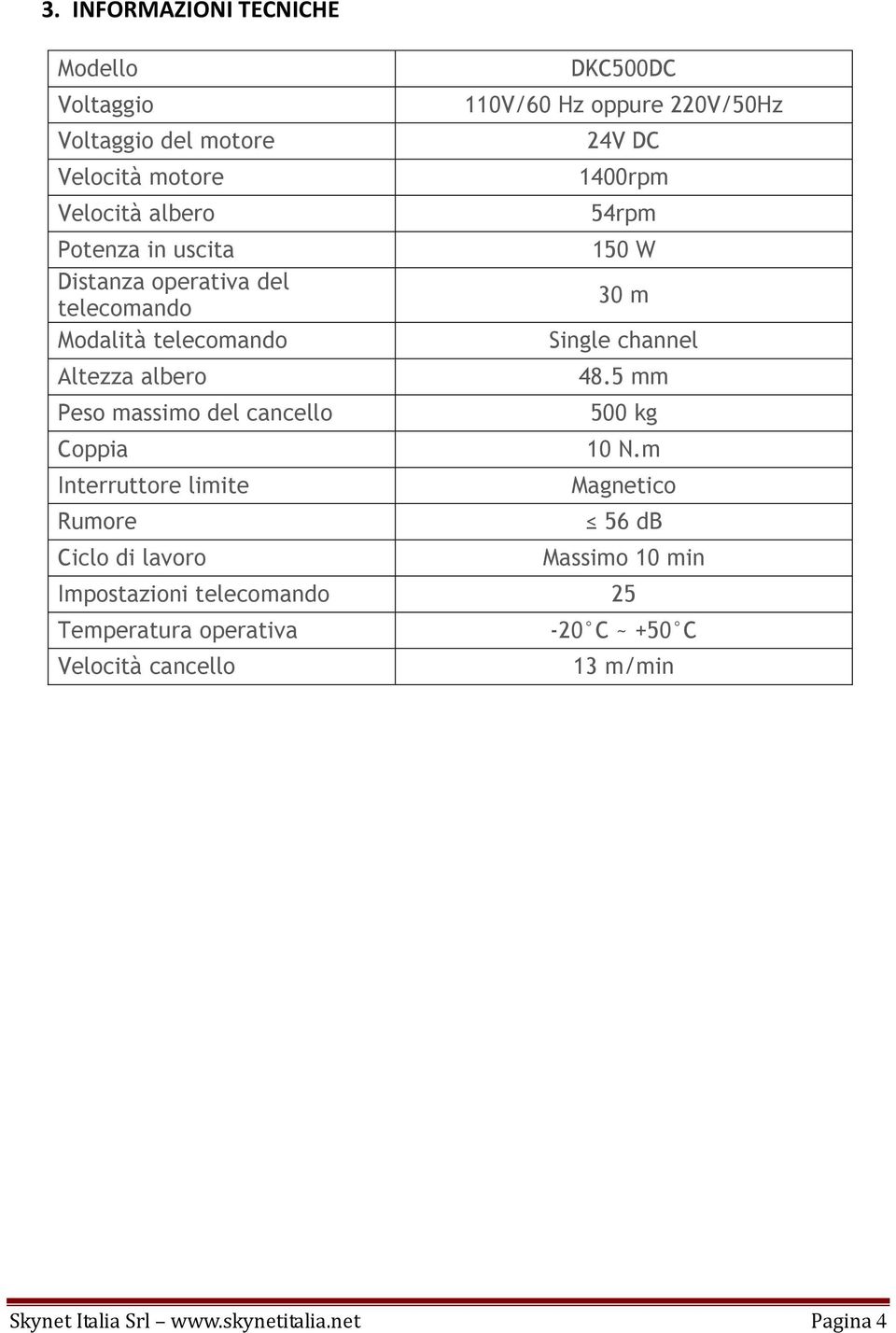 albero 48.5 mm Peso massimo del cancello 500 kg Coppia 10 N.