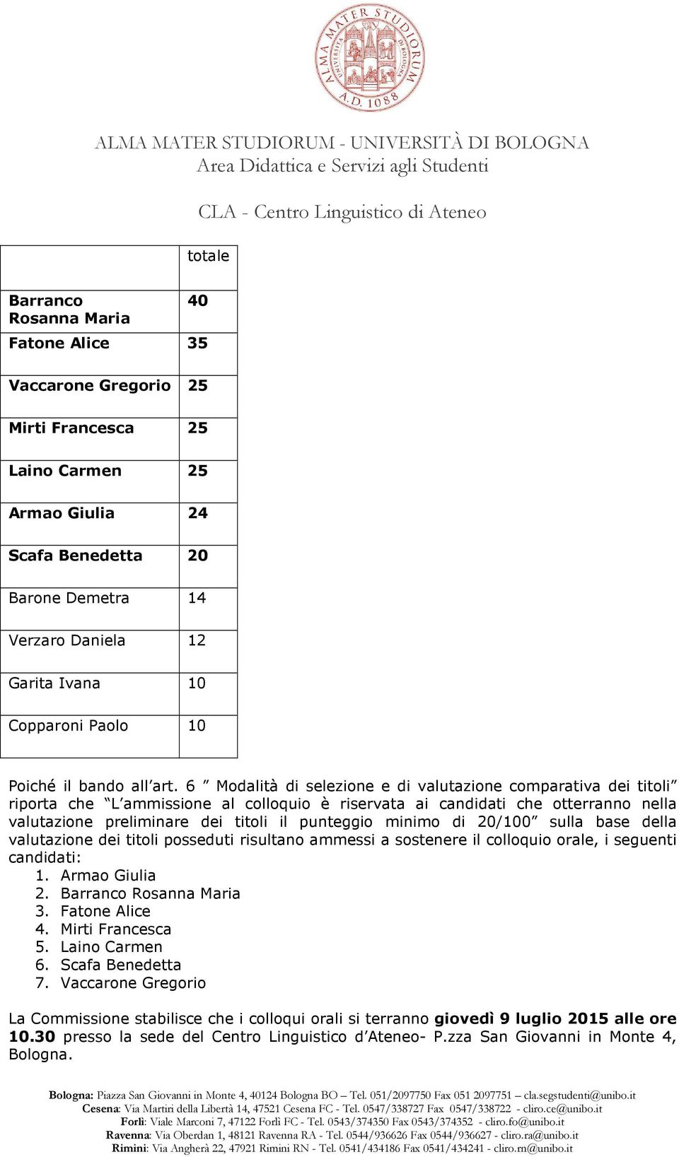 6 Modalità di selezione e di valutazione comparativa dei titoli riporta che L ammissione al colloquio è riservata ai candidati che otterranno nella valutazione preliminare dei titoli il punteggio