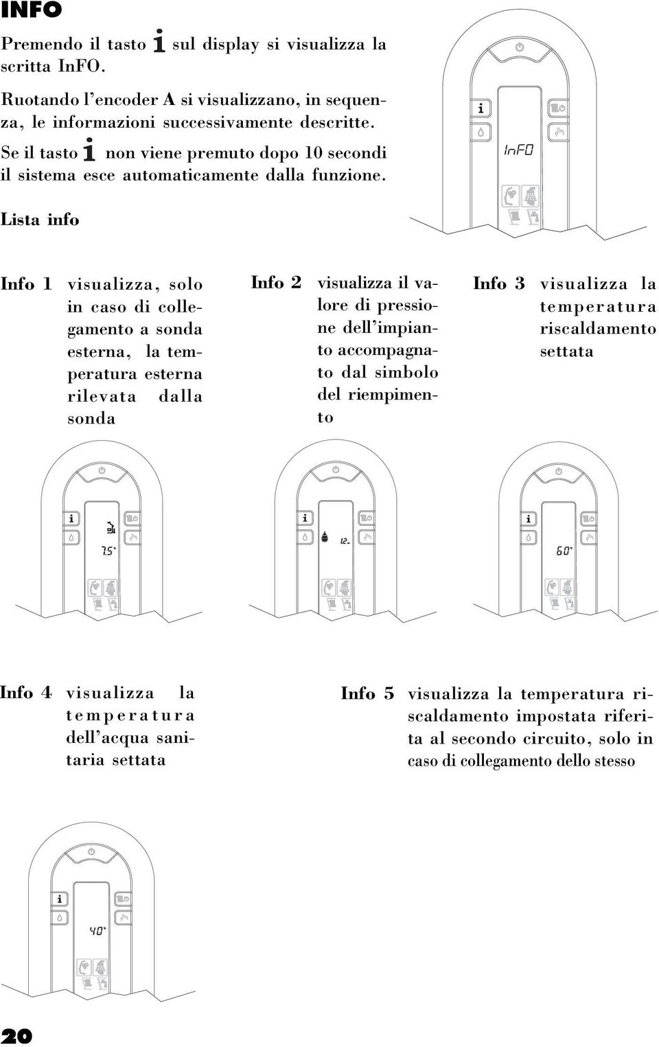 Lista info Info 1 visualizza, solo in caso di collegamento a sonda esterna, la temperatura esterna rilevata dalla sonda Info 2 visualizza il valore di pressione dell impianto