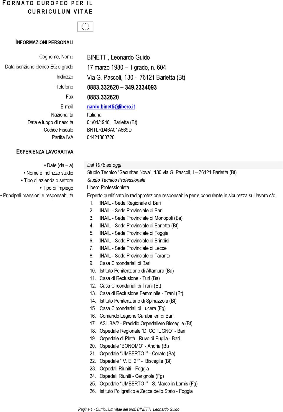 it Nazionalità Italiana Data e luogo di nascita 01/01/1946 Barletta (Bt) Codice Fiscale BNTLRD46A01A669D Partita IVA 04421360720 ESPERIENZA LAVORATIVA Date (da a) Nome e indirizzo studio Tipo di