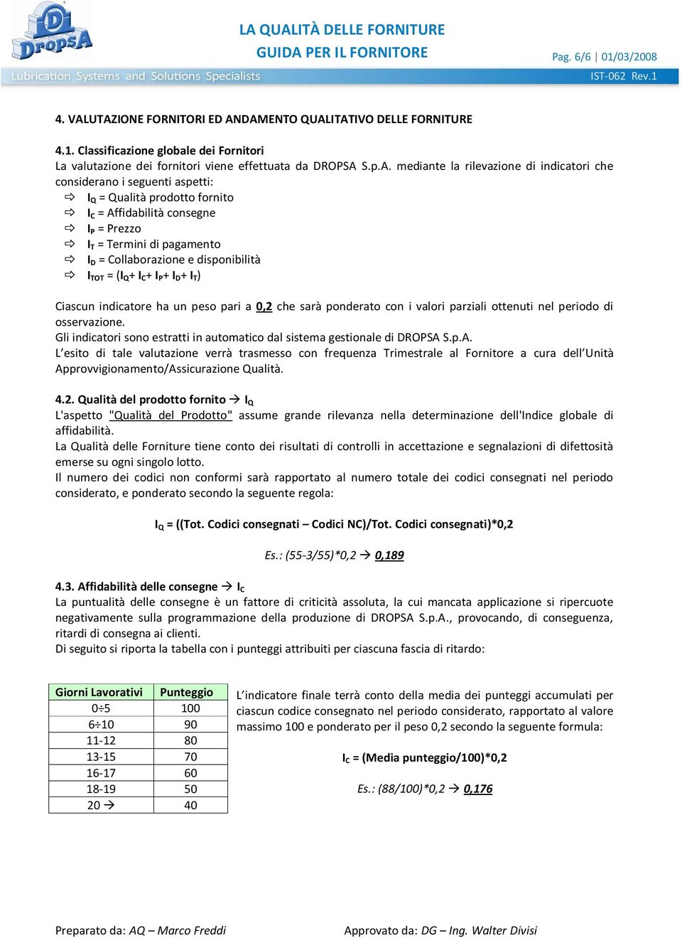 e disponibilità I TOT = (I Q + I C + I P + I D + I T ) Ciascun indicatore ha un peso pari a 0,2 che sarà ponderato con i valori parziali ottenuti nel periodo di osservazione.